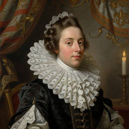 Baroque-style portrait of a young, pale-skinned male with dark brown hair, wearing an elaborate lace ruff, black velvet gown, and candle