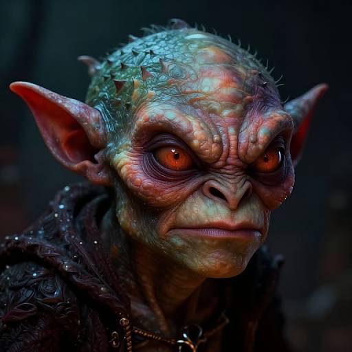 Photorealistic CGI portrait of a grimacing, green-skinned goblin with spiky hair, large red eyes, and pointed ears, wearing dark
