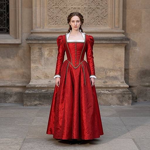 Photograph of a woman in a Victorian-style, red velvet gown with puffed sleeves, white lace trim, and gold chain details, standing in front