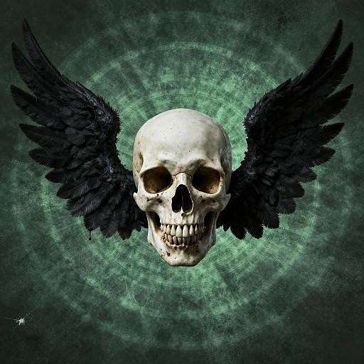 Digital artwork of a white skull with black wings, centered against a green, swirling, textured background. The skull's empty eye sockets and teeth are prominent
