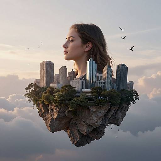 Digital artwork: Profile of a young woman with wavy brown hair, floating above a floating cityscape with skyscrapers, trees, and birds against