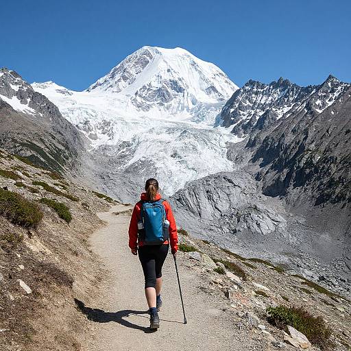 Photograph of a hiker in red jacket, blue backpack, and black shorts walking on a mountain trail towards a towering, snowy peak under a clear