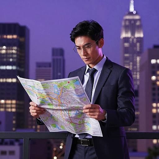 Asian man in black suit, glasses, and tie, studying a colorful map at night, with illuminated city skyscrapers in the background.