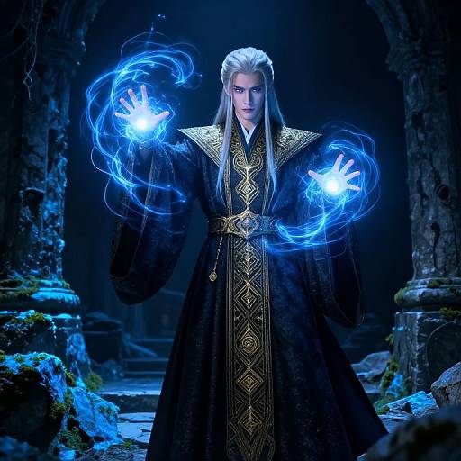 Digital artwork of a white-haired, blue-eyed mage in a black, gold-embroidered robe, conjuring glowing blue magic in a dark,
