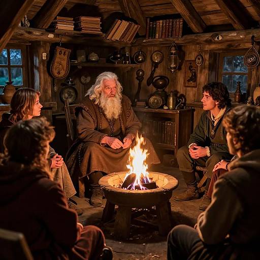 Photograph of an elderly white man with a long white beard, sitting by a fire in a rustic wooden cabin, surrounded by four people, engaged in