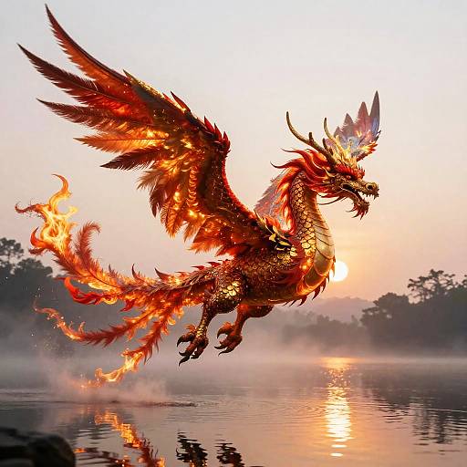 Digital illustration of a fiery red dragon with glowing scales and wings, soaring above a misty lake at sunrise.