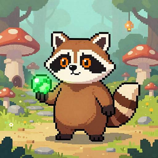 Pixel art of a brown raccoon with orange eyes holding a glowing green crystal in a colorful, enchanted forest with red mushrooms.