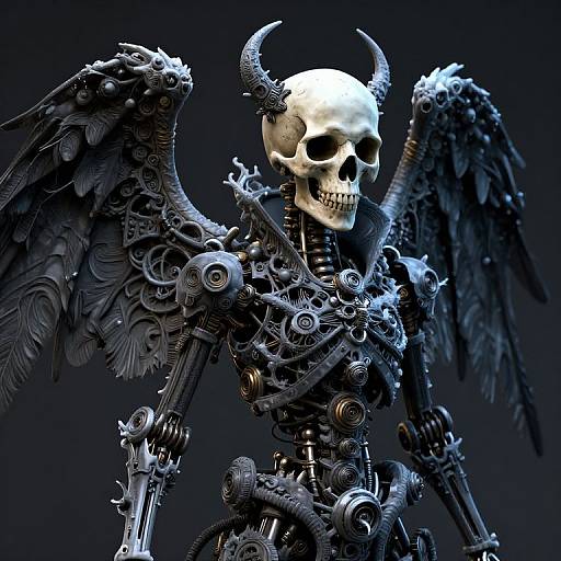 Digital artwork of a skeletal figure with black, ornate wings and curved horns, intricately detailed with mechanical parts, against a dark blue background.