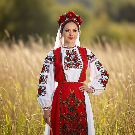 Photograph of a smiling woman in traditional red and white embroidered dress, floral headband, standing in a sunlit field of tall grass.