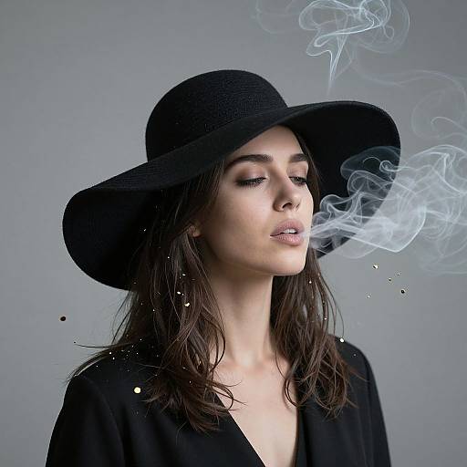 Photograph of a fair-skinned woman with closed eyes, wearing a black wide-brim hat and black top, smoking with wisps of white smoke