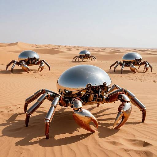 Photorealistic CGI of four metallic, spider-like robots with shiny blue domes, crawling in a bright, sandy desert under a clear sky.