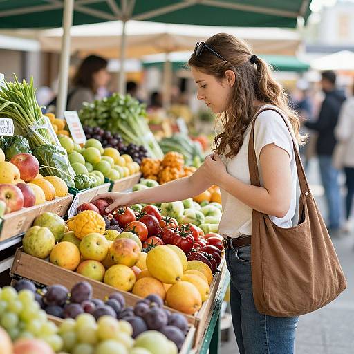Photograph of a young woman with brown hair in a ponytail, white shirt, and brown bag, selecting apples at a colorful outdoor market stall.