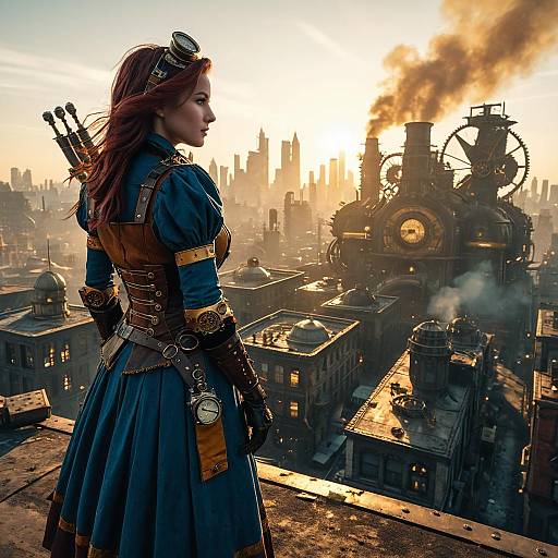 Steampunk Woman in Apocalyptic City at Dawn