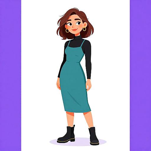 Digital cartoon of a smiling woman with short brown hair, wearing a teal dress over a black long-sleeve shirt, black boots, and gold earrings