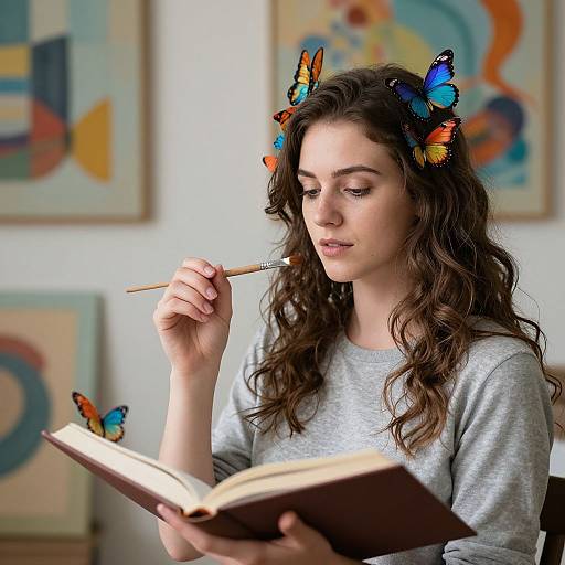 Photograph of a young woman with curly brown hair, wearing a gray sweater, reading a book while holding a paintbrush, surrounded by colorful butterflies,