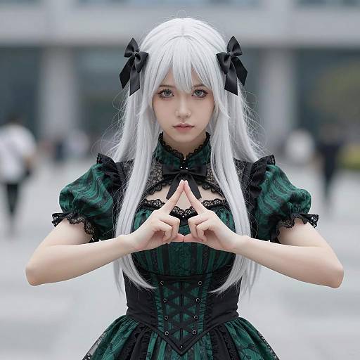 Goth Girl in Green and Black Lace Dress