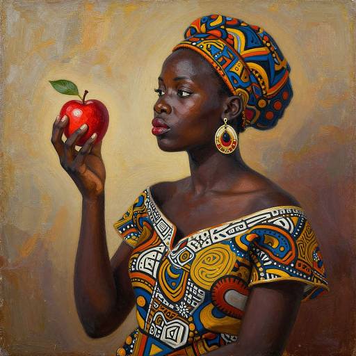 Photorealistic oil painting of a dark-skinned African woman in colorful traditional attire, holding a red apple, with gold earrings, against a textured brown