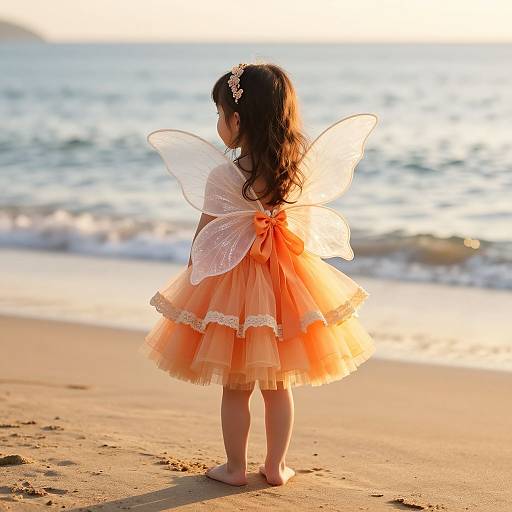 Photograph of a young girl with long dark hair, wearing a pink and orange fairy dress and translucent wings, standing barefoot on a sandy beach at