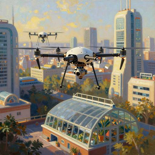Futuristic Rooftop Greenhouse with Drones
