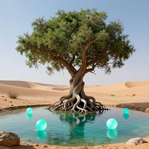 Photorealistic CGI of a twisted tree with exposed roots in a desert oasis, surrounded by glowing blue orbs in clear water.