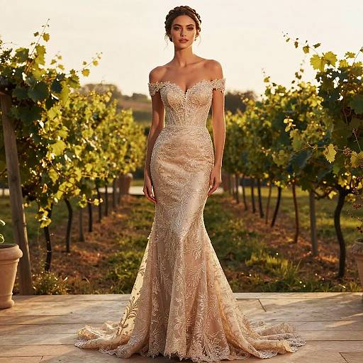 Photograph of a slender woman in an off-shoulder, gold lace mermaid gown, standing in a vineyard at sunset.