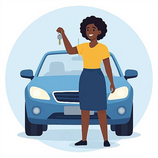 Digital illustration of a smiling Black woman with curly hair, wearing a yellow shirt and navy skirt, holding a car key, standing in front of a blue