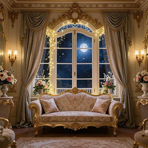 Luxurious Victorian living room at night with ornate gold-framed window, moonlit view, floral sofas, elegant drapes, and candlelit s