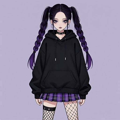 Digital anime-style drawing of a pale-skinned girl with long black twin braids, wearing a black hoodie, plaid skirt, fishnet stockings,