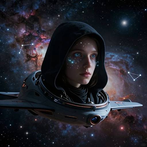 Digital artwork of a young woman with glowing blue eyes, wearing a black hooded space suit, floating in a spaceship, with a vibrant, starry