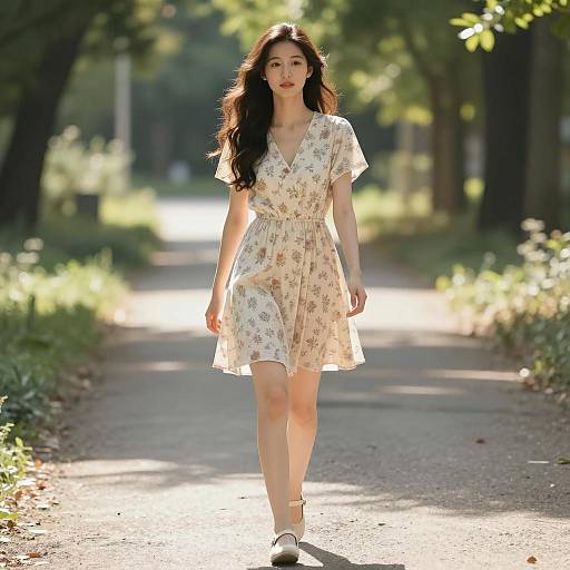 Confident Woman on Sunlit Forest Path