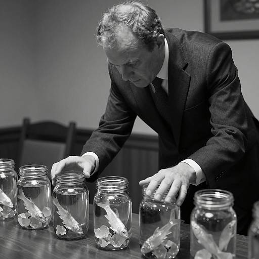 Focused Man Examining Glass Jars