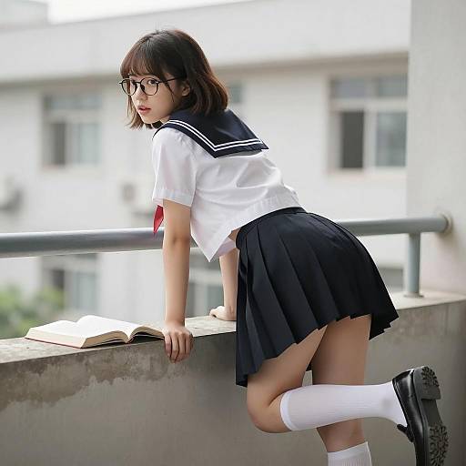 Asian Girl in Sailor Uniform on Balcony