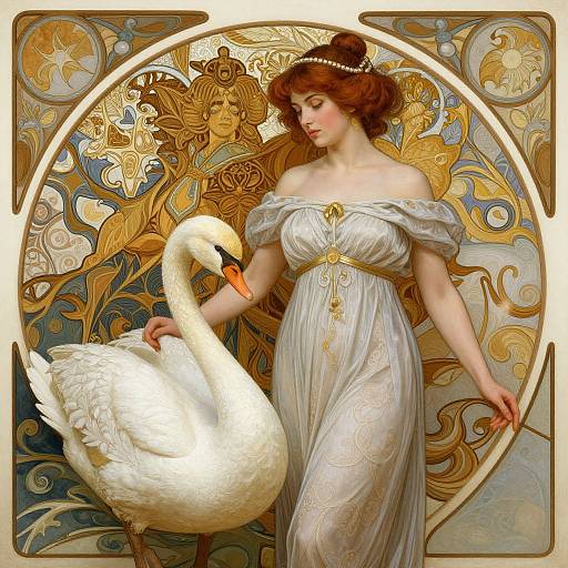 Art Nouveau-style digital painting of a fair-skinned woman with red hair, wearing an off-shoulder, gold-accented, white gown