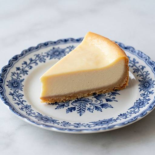 Photograph of a slice of creamy cheesecake with a golden crust on a blue floral patterned white plate.