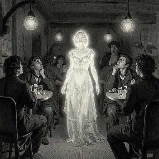 Black-and-white digital drawing of a glowing, wireframe woman in a dress standing in a dimly lit café with six seated, contemplative people.