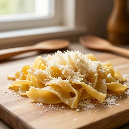 Photograph of freshly cooked, creamy yellow pasta topped with grated Parmesan cheese, on a wooden cutting board in soft sunlight.