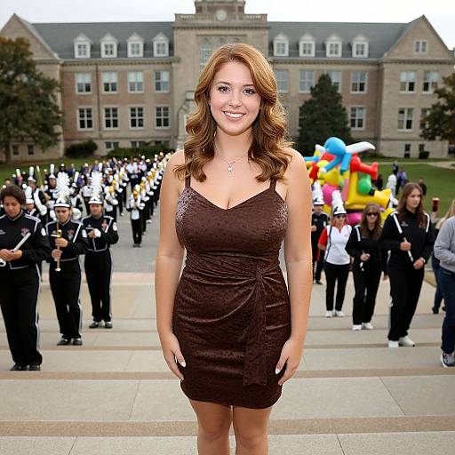 Photograph of a smiling woman with wavy brown hair in a brown, sparkly dress, standing in front of a marching band and colorful balloon arch