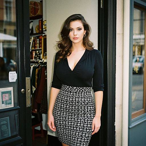 Photograph of a woman with wavy brown hair, wearing a black V-neck top and black-and-white patterned skirt, standing in a store doorway