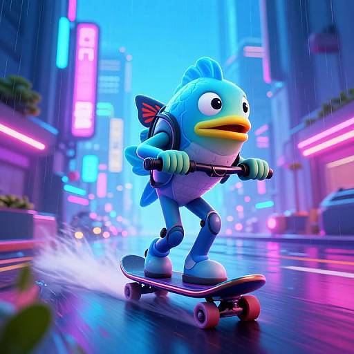 CGI cartoon fish with blue skin and yellow beak skateboarding in a neon-lit, rainy city street at night. Bright, colorful lights and