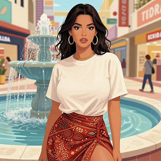 Digital illustration of a curvy woman with long black hair, hoop earrings, white t-shirt, and red patterned skirt, standing in front of a