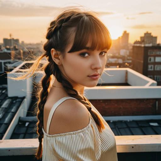 Young Woman with Braided Bangs on Rooftop at Sunset