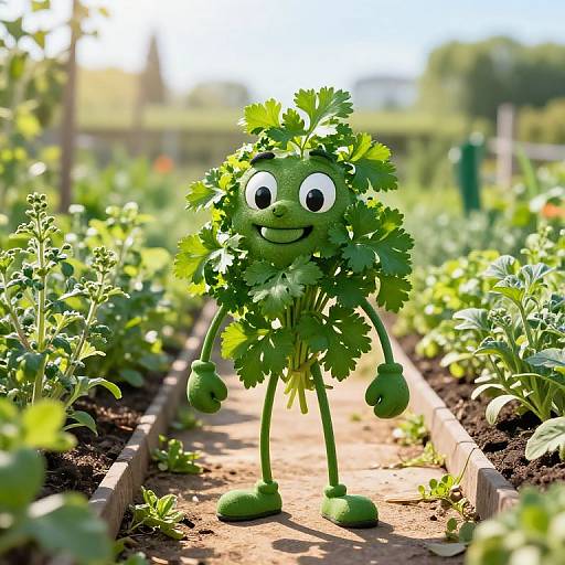 Cartoon green parsley character with big eyes, smiling, standing in a sunny vegetable garden, surrounded by rows of plants. CGI image.