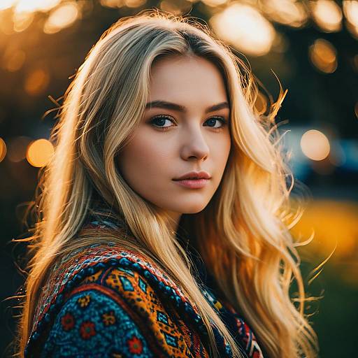 Young Blonde Woman in Colorful Garment with Golden Hour Light