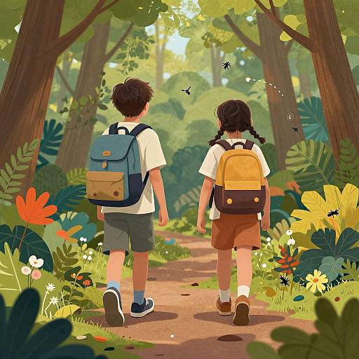Digital illustration of two children with backpacks, walking a forest path; boy in white shirt and shorts, girl in white shirt and brown shorts, surrounded