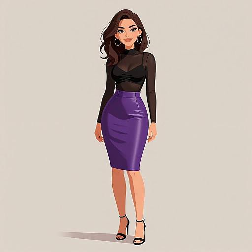 Digital illustration of a confident woman with long brown hair, wearing a black sheer top, purple leather skirt, and black high heels. White background. Sty
