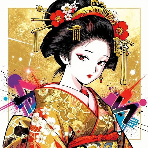 Digital illustration of a traditional Japanese geisha with black hair, red and gold floral kimono, ornate hairpiece, and vibrant abstract background.