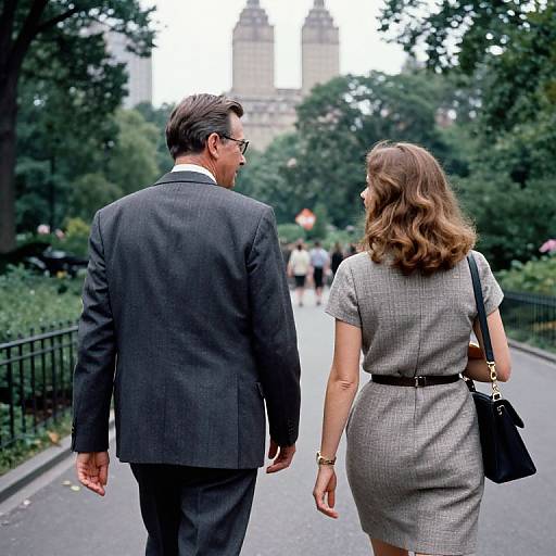 Photograph of a man in a gray suit and glasses, walking beside a woman in a gray dress and black bag, in a lush, tree-lined