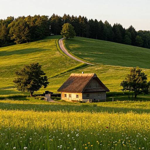Photograph of a quaint, wooden cottage with a thatched roof nestled in a sunlit, green meadow with wildflowers, surrounded by rolling hills