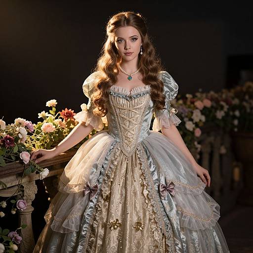 Photograph of a young woman with long brown curls in an elaborate, silver and white, Victorian-style ball gown, adorned with floral embroidery, standing against
