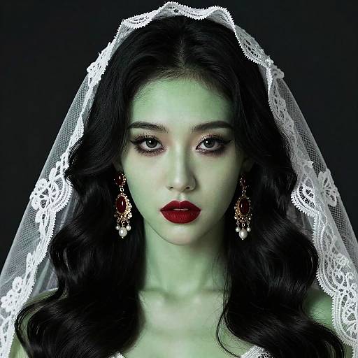Ethereal Woman with Green Skin and Lace Veil